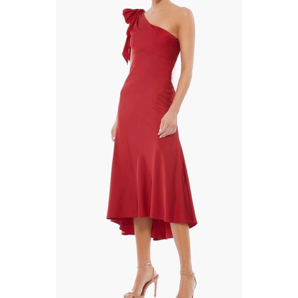 Mac Duggal One-Shouder Bow Satin Midi A-Line Dress NWT Size 12 - Picture 1 of 8